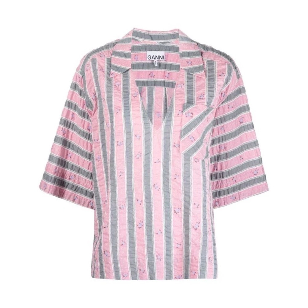Ganni Oversized Striped Blouse In Pink Nectar Size S/M